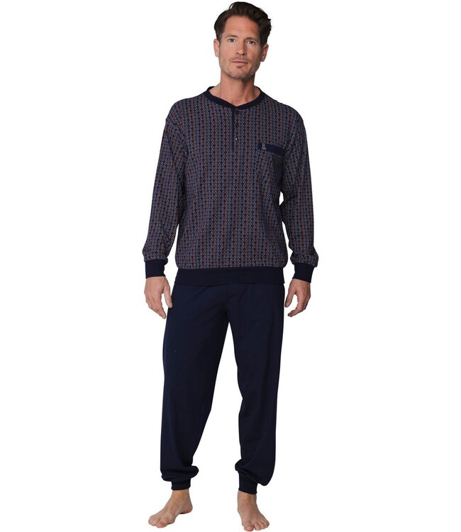 donkerblauwe katoenen heren pyjama met boorden triangle trivia