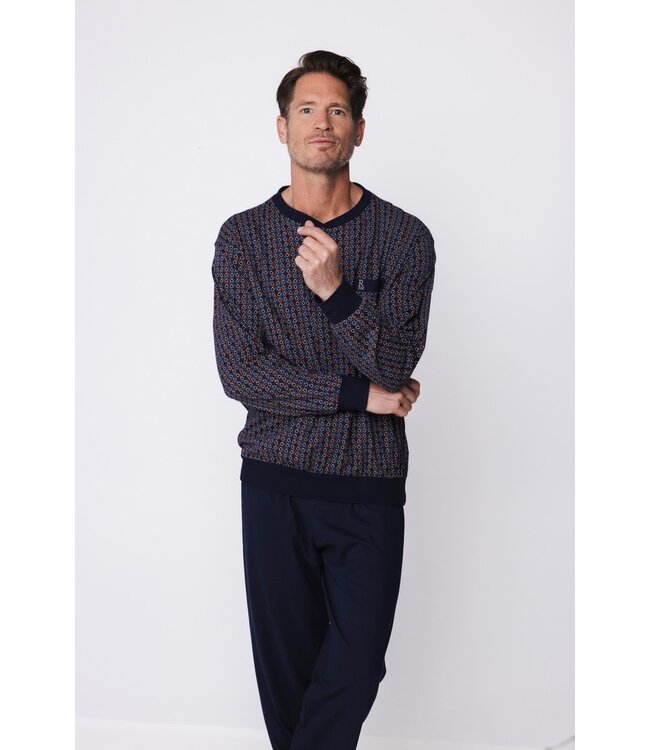 donkerblauwe katoenen heren pyjama met boorden triangle trivia