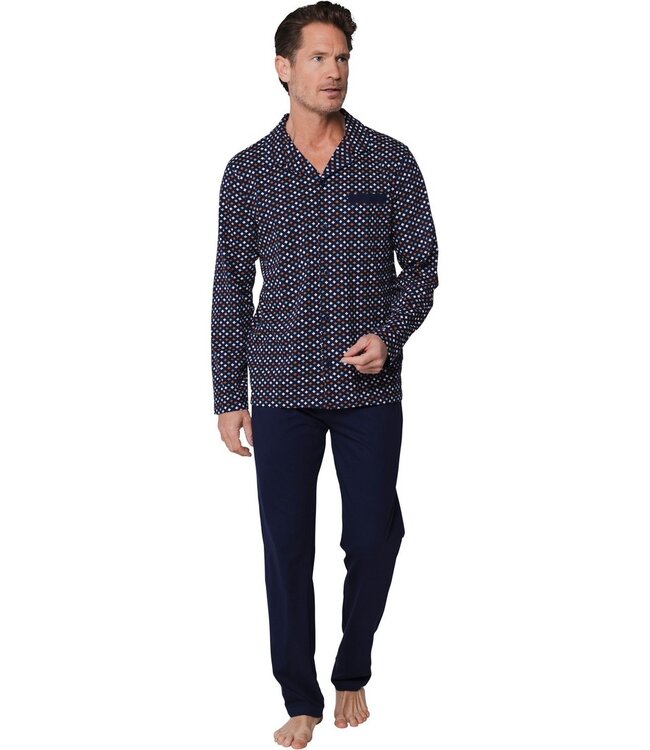 blue men's full button long sleeve cotton pyjama set groovy geometeric