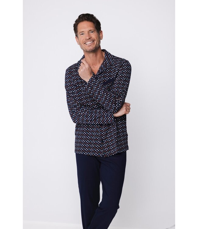 blauwe katoenen heren doorknoop pyjama Groovy Geometric