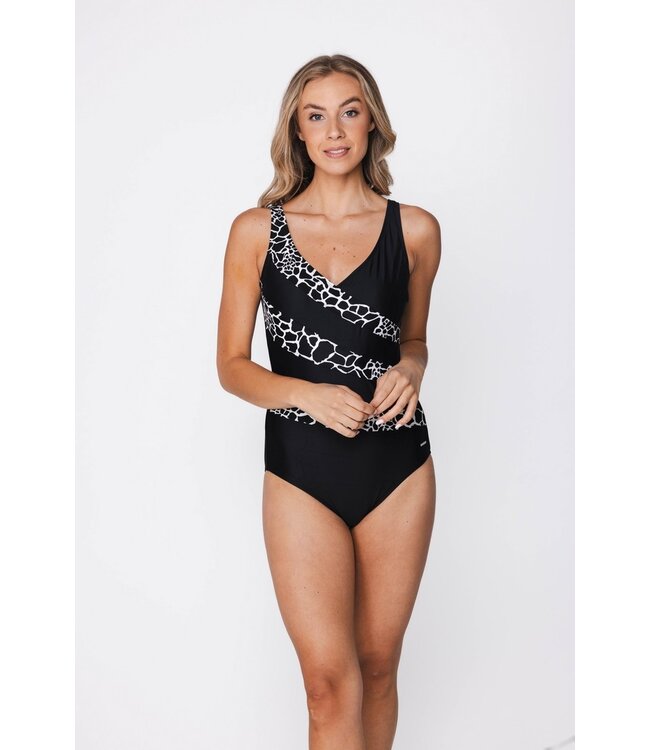 black soft cup v neck swimsuit with powernet pebble beach