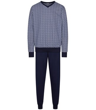 Pastunette for Men blauwe katoenen heren pyjama met v-hals en boorden Chain Link