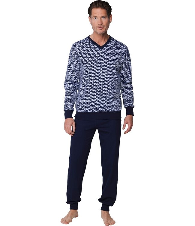 men's blue long sleeve 'v' neck cotton pyjama set cuffs chain link