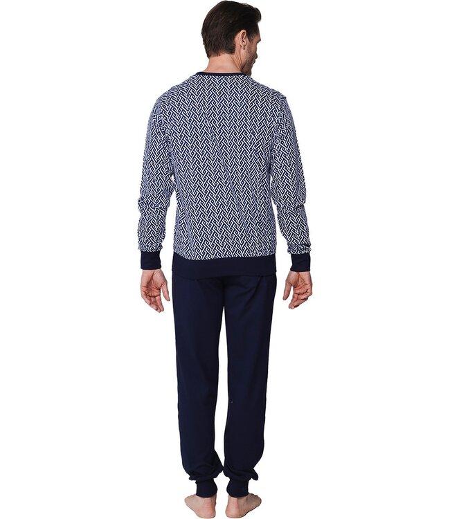 blauwe katoenen heren pyjama met v-hals en boorden Chain Link