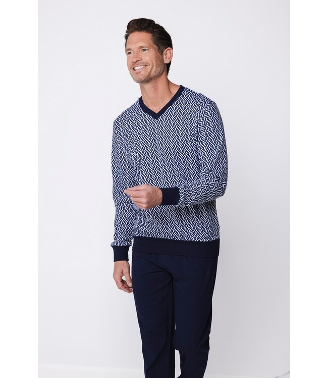 blauwe katoenen heren pyjama met v-hals en boorden Chain Link