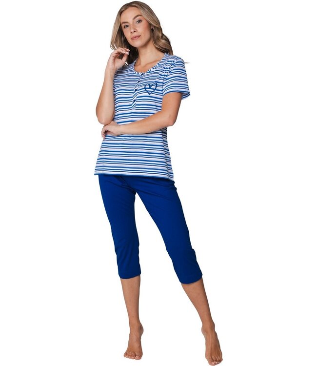 biologisch katoenen strepen dames pyjama korte mouw true blue