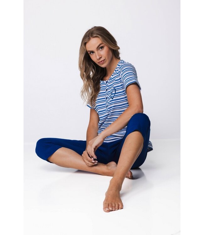 biologisch katoenen strepen dames pyjama korte mouw true blue