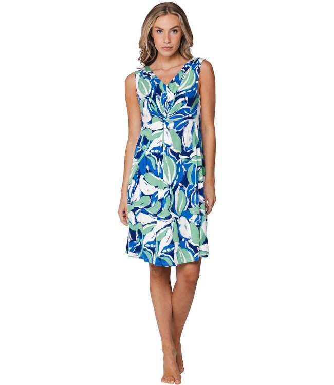 Blauwe mouwloze dames strandjurk met V-hals Aqua Bloom