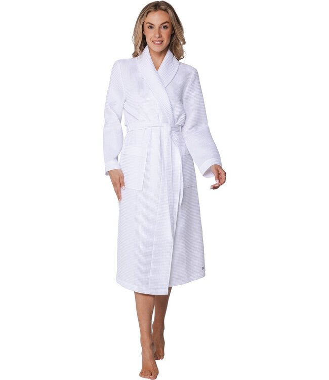 waffle style, cotton-mix morninggown with shawlcollar pure white