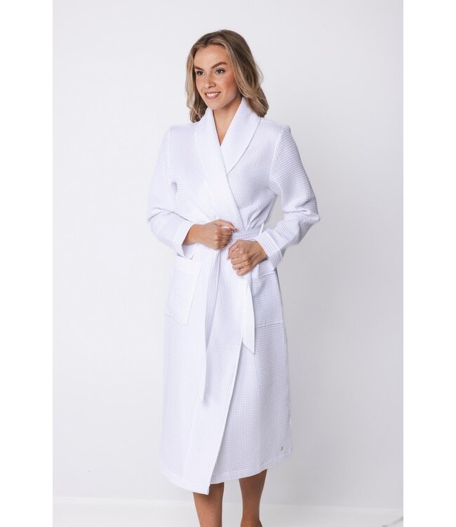waffle style, cotton-mix morninggown with shawlcollar pure white