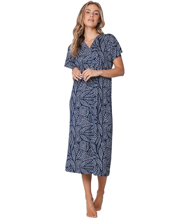 longer length dark blue short sleeve beach dress leafy ocean