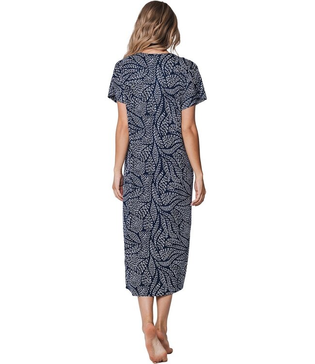 longer length dark blue short sleeve beach dress leafy ocean