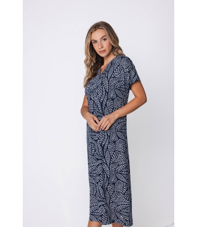 longer length dark blue short sleeve beach dress leafy ocean