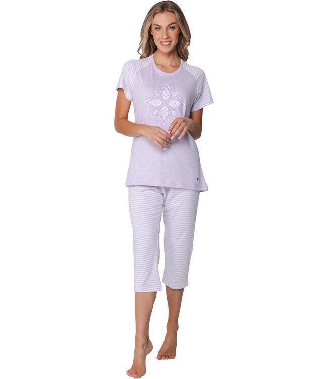lila katoenen dames pyjama set korte mouw Stripey Flower