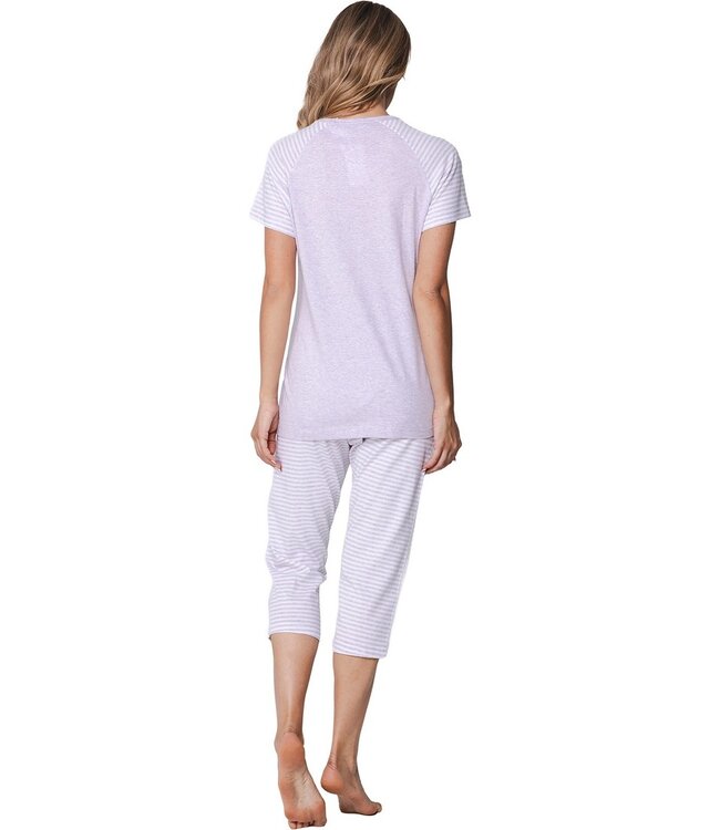lila katoenen dames pyjama set korte mouw Stripey Flower