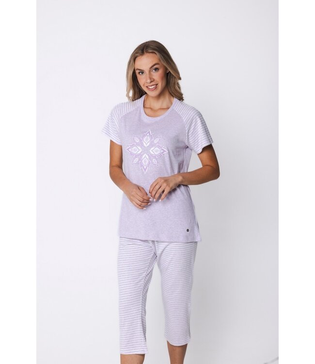 lila katoenen dames pyjama set korte mouw Stripey Flower