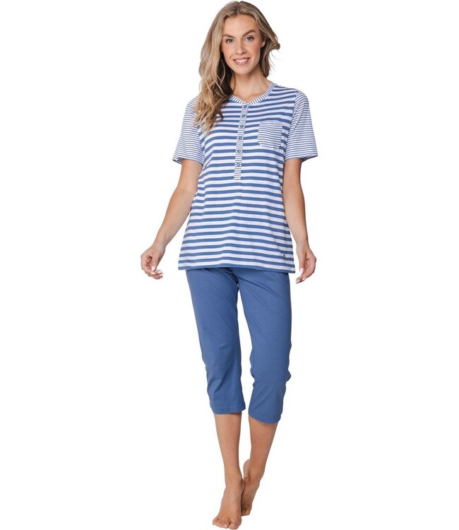 ladies blue cotton pyjama set with buttons stripey marine blue