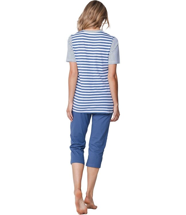 ladies blue cotton pyjama set with buttons stripey marine blue
