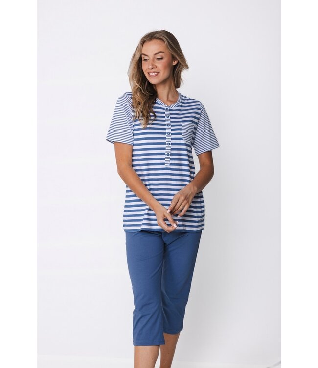 ladies blue cotton pyjama set with buttons stripey marine blue