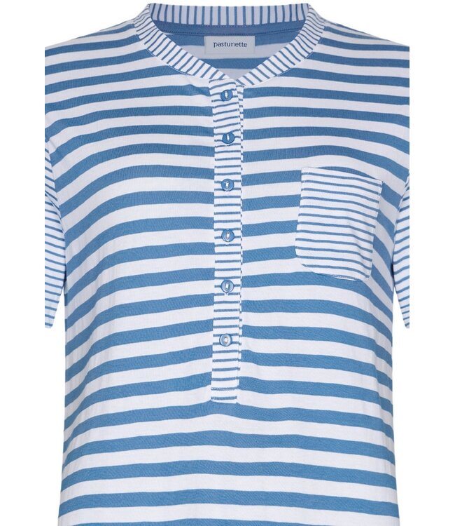 ladies blue cotton pyjama set with buttons stripey marine blue