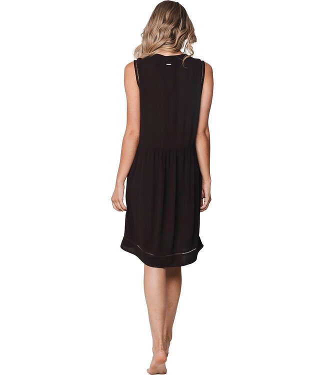 bruin, mouwloos, strandjurkje met v-hals en mooie details chic beach