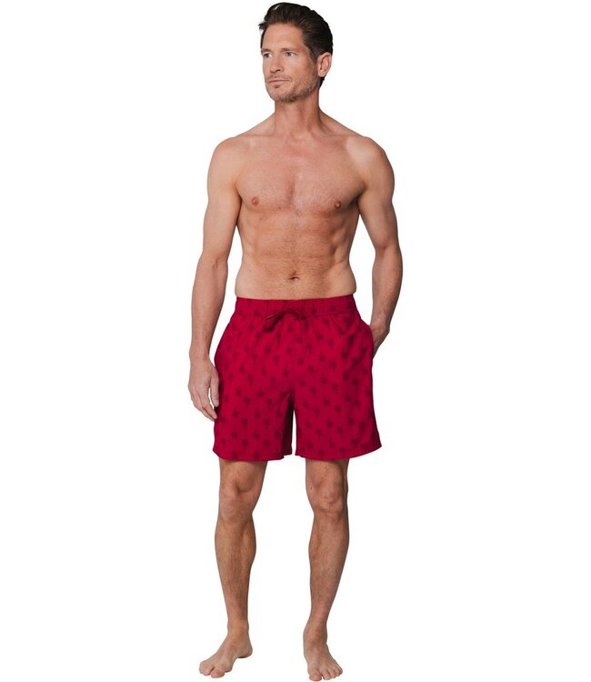 trendy red swim shorts with elasticated tie-waist palm sunset