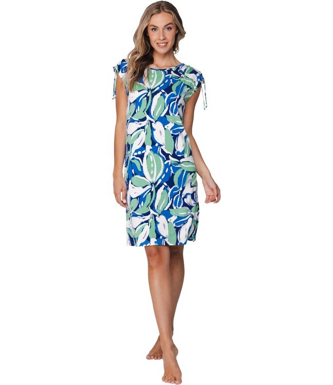blue capped sleeve beachdress with ties aqua bloom