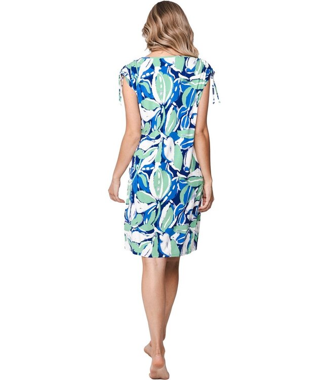 blue capped sleeve beachdress with ties aqua bloom
