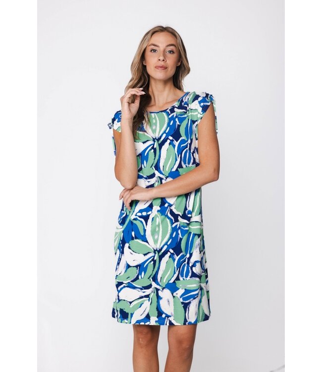 Blauwe dames strandjurk met kap-mouwtjes en strikkoorden Aqua Bloom