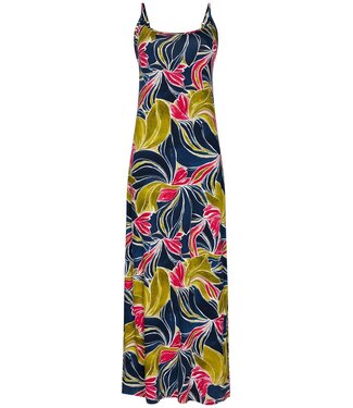 Pastunette Beach donkerblauwe lange strandjurk met spaghettibandjes tropical leaf