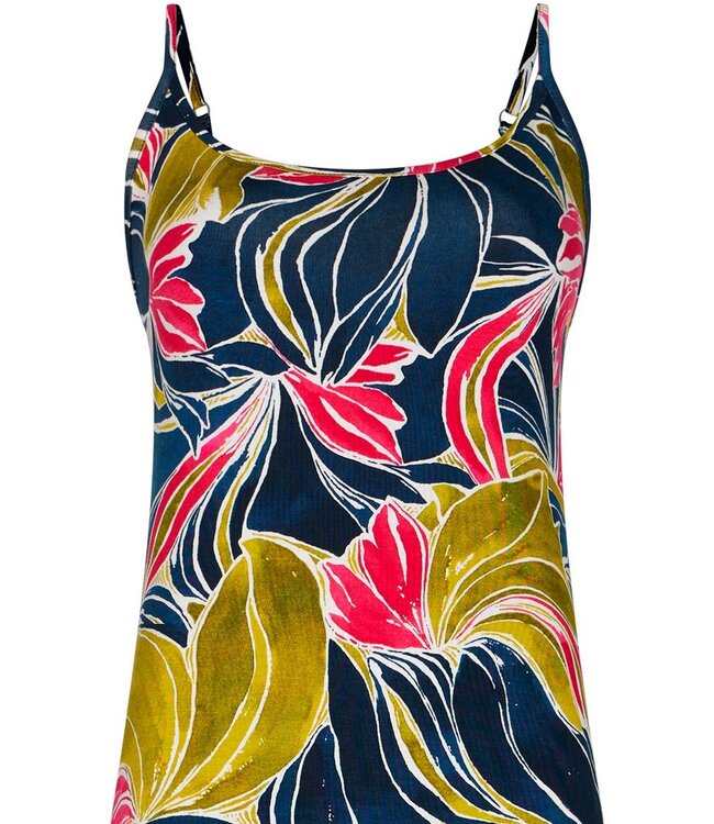 donkerblauwe lange strandjurk met spaghettibandjes tropical leaf