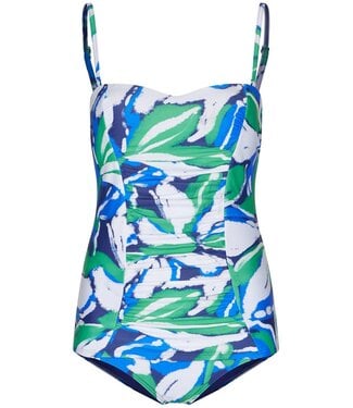 Pastunette Beach Blauwe bandeau tankini met soft cups en powernet Aqua Bloom
