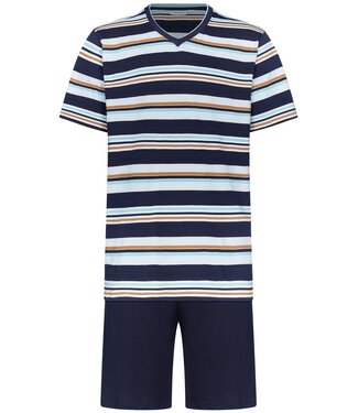 Pastunette for Men donkerblauwe katoenen heren shorty set met v-hals Groovy Stripes