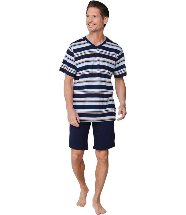 men's dark blue 'v' neck cotton shorty set with cuffs groovy stripes