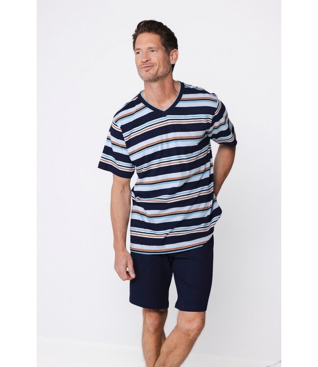 donkerblauwe katoenen heren shorty set met v-hals Groovy Stripes