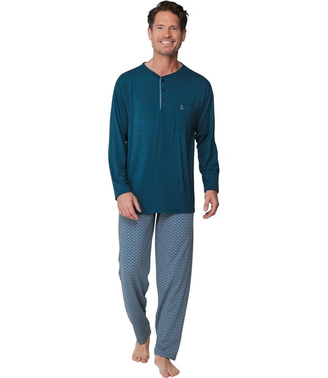 groene bamboe heren pyjama met knopen en lange mouwen geometric link