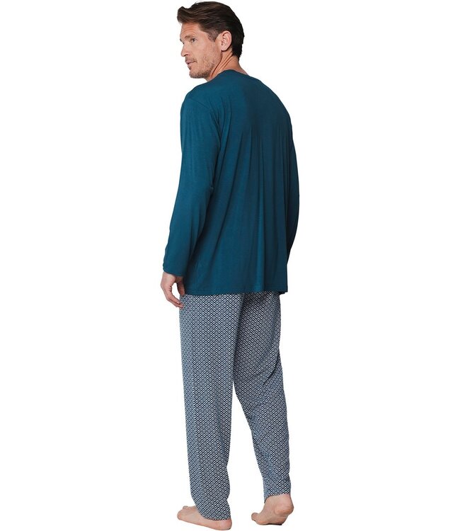 groene bamboe heren pyjama met knopen en lange mouwen geometric link