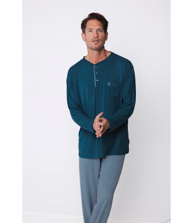 groene bamboe heren pyjama met knopen en lange mouwen geometric link