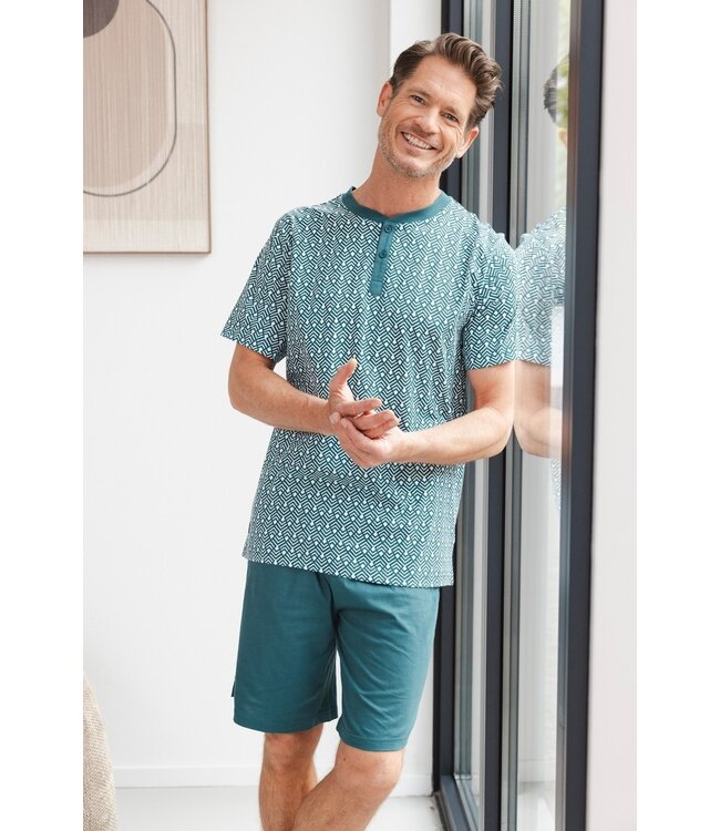 men's green cotton shorty set with buttons geometric groove