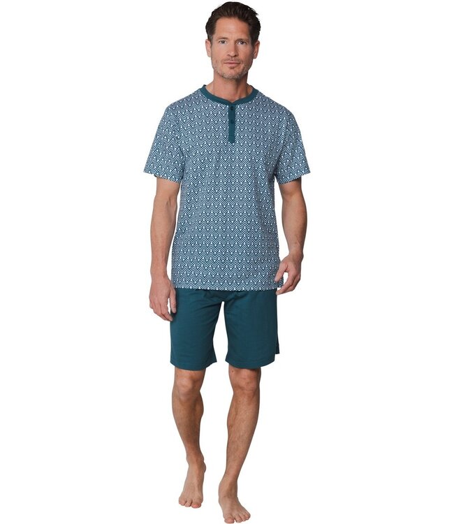 men's green cotton shorty set with buttons geometric groove