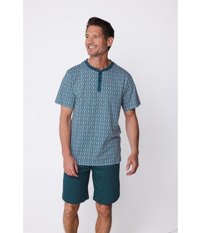 men's green cotton shorty set with buttons geometric groove