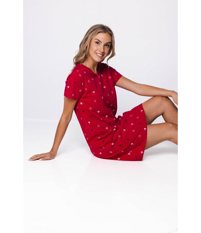 donkerroze biologisch katoenen dames nachthemd korte mouw palm waves