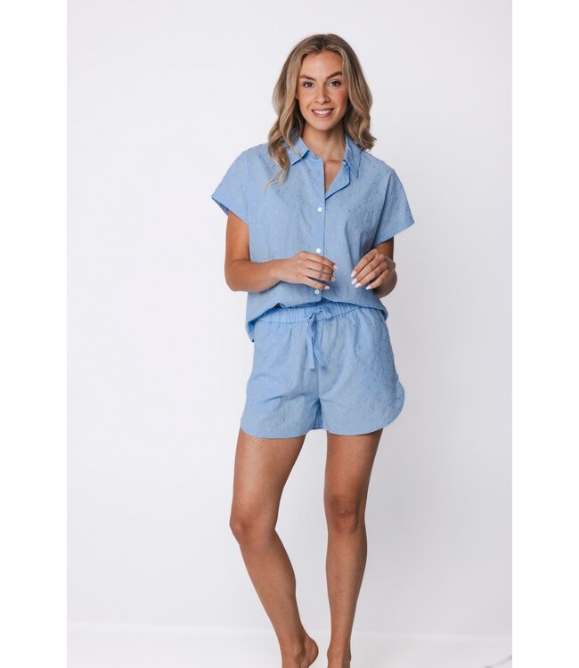 full button short sleeve cotton shorty set pretty blue flower