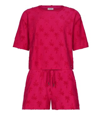 Rebelle Beach raspberry pink embossed cotton-terry beach short set chic sporty palm