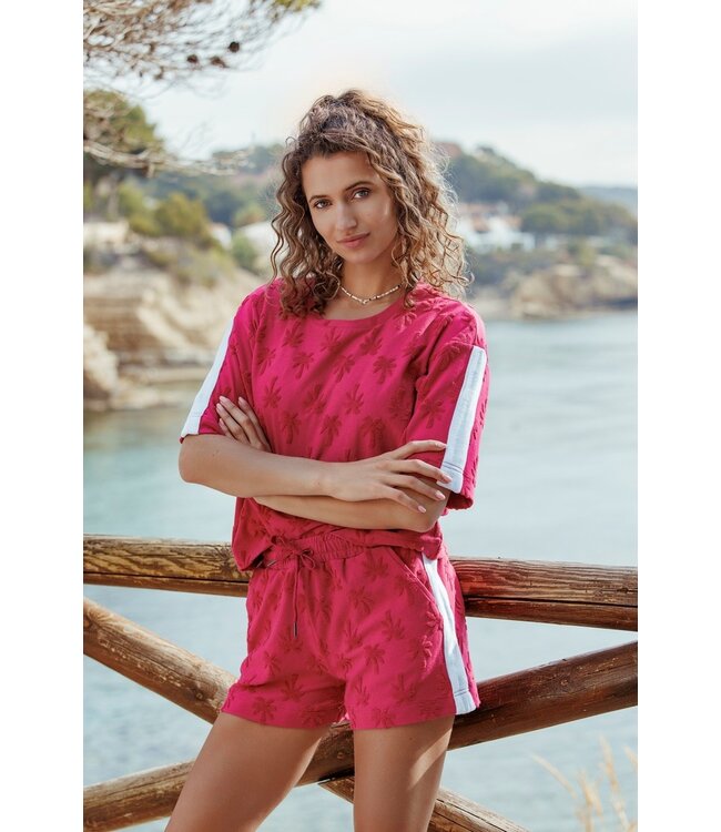 raspberry pink embossed cotton-terry beach short set chic sporty palm