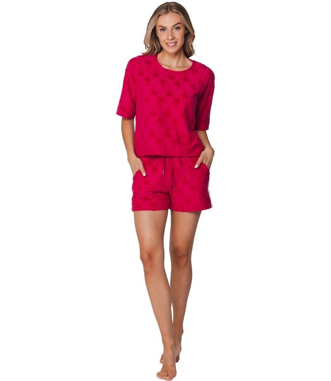 raspberry pink embossed cotton-terry beach short set chic sporty palm