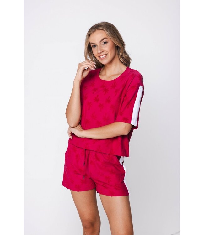 raspberry pink embossed cotton-terry beach short set chic sporty palm
