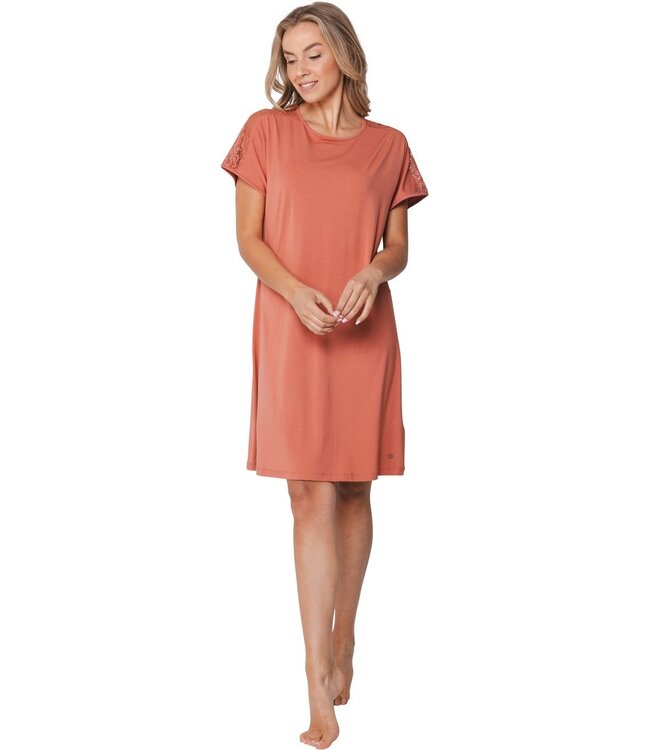 luxe oranje/bruin dames nachthemd met korte mouwen Floral Elegance