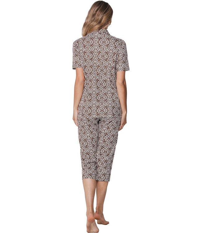 ladies short sleeve organic cotton full button pyjama aztec flower