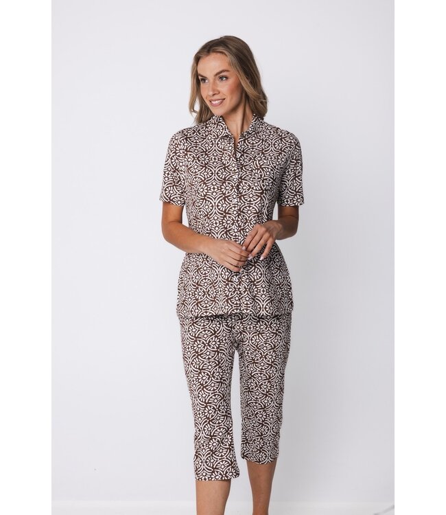 biologisch katoenen doorknoop dames pyjama korte mouw Aztec Flower